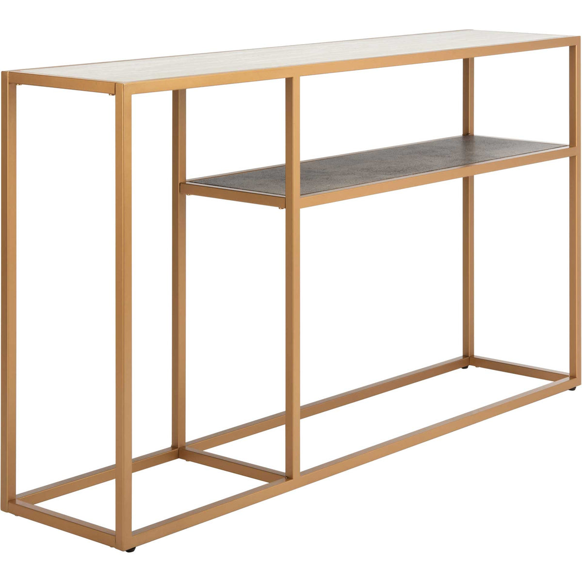 A slender gold frame supports a beige stone-look tabletop and contrasting charcoal display shelf.