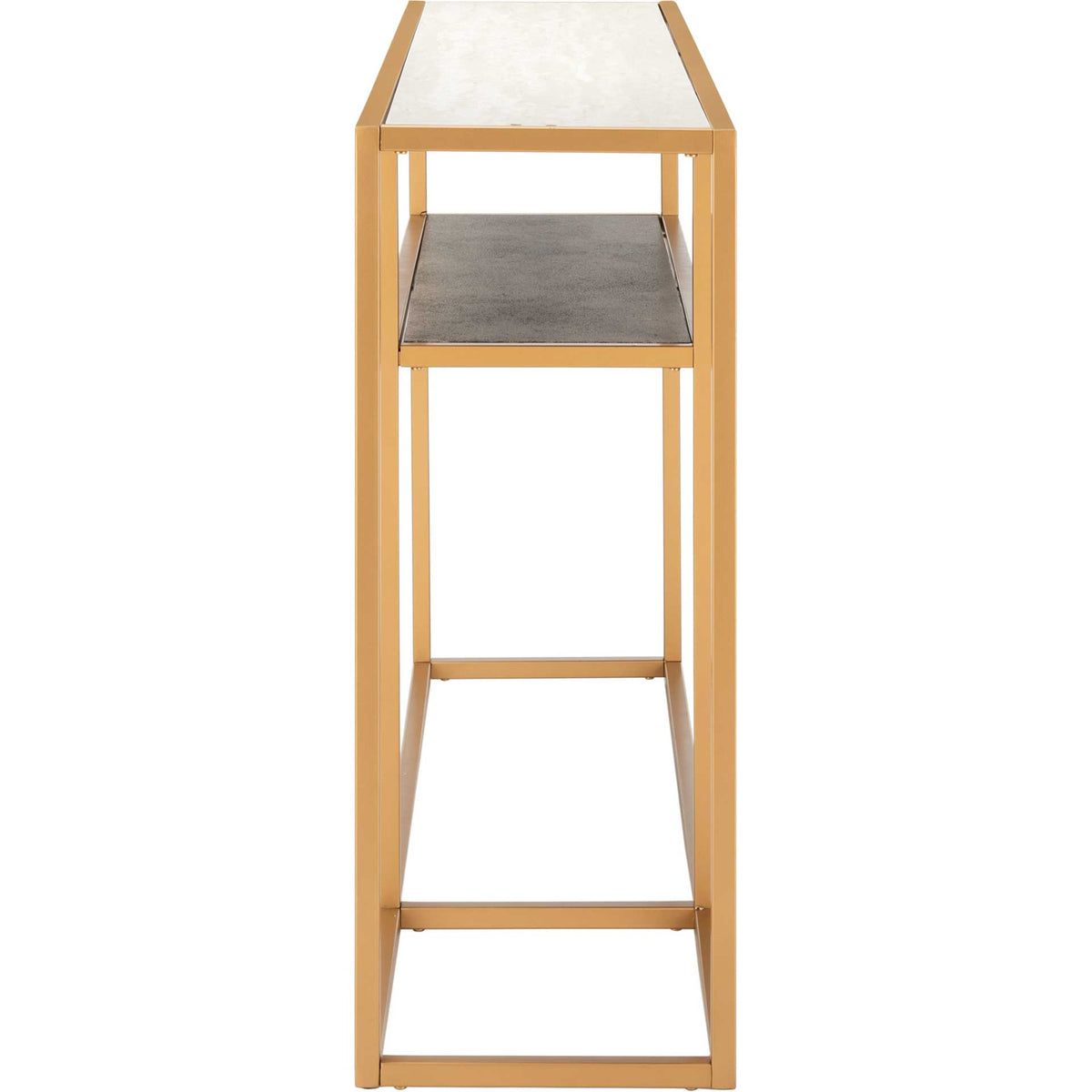 A dark inset shelf adds contrast beneath the pale top, framed by slim gold metal supports.