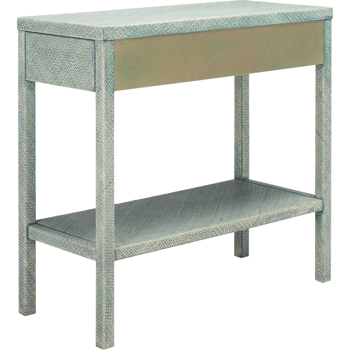 Textured turquoise top and slender legs surround a plain back panel and roomy lower shelf.