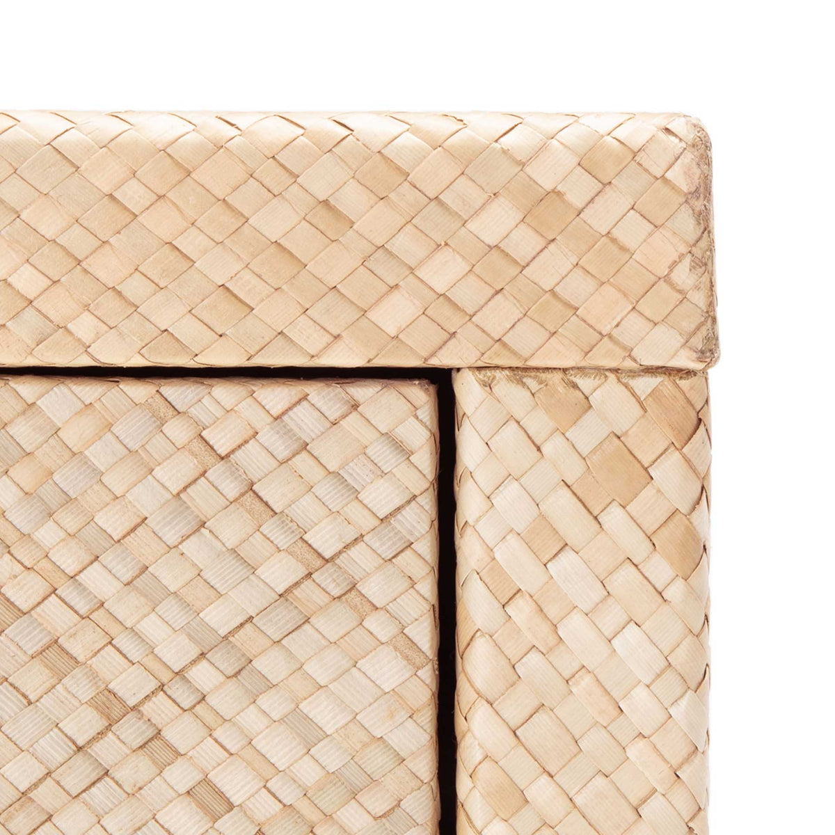 A tight, basketlike weave covers the console's top edge, drawer face, and square frame