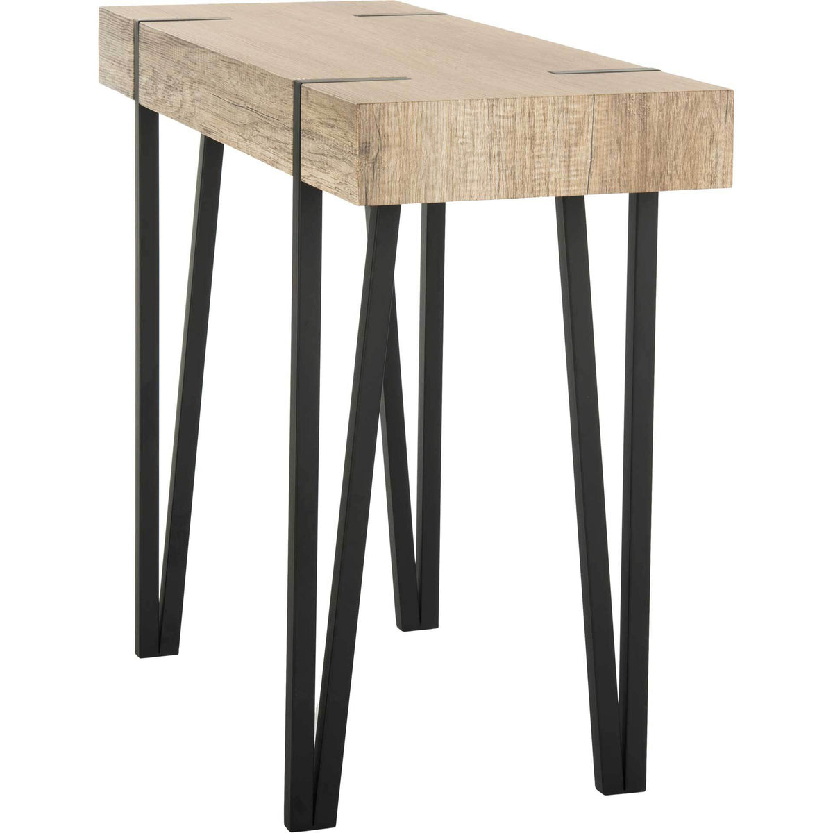 Black metal supports frame the textured brown tabletop for a sleek, rustic-meets-modern design.