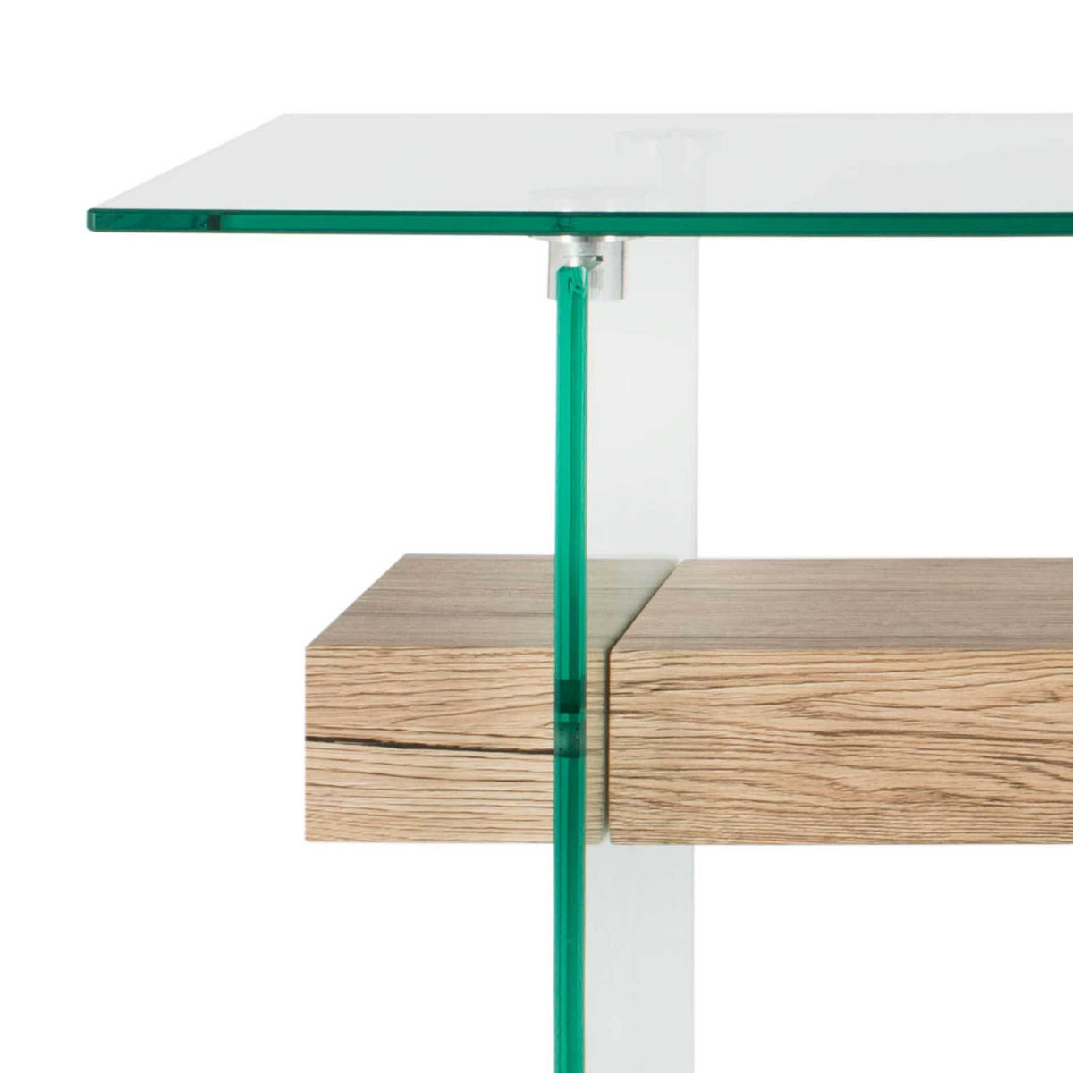 A warm wood-grain shelf meets a clear support beneath the slender glass top.
