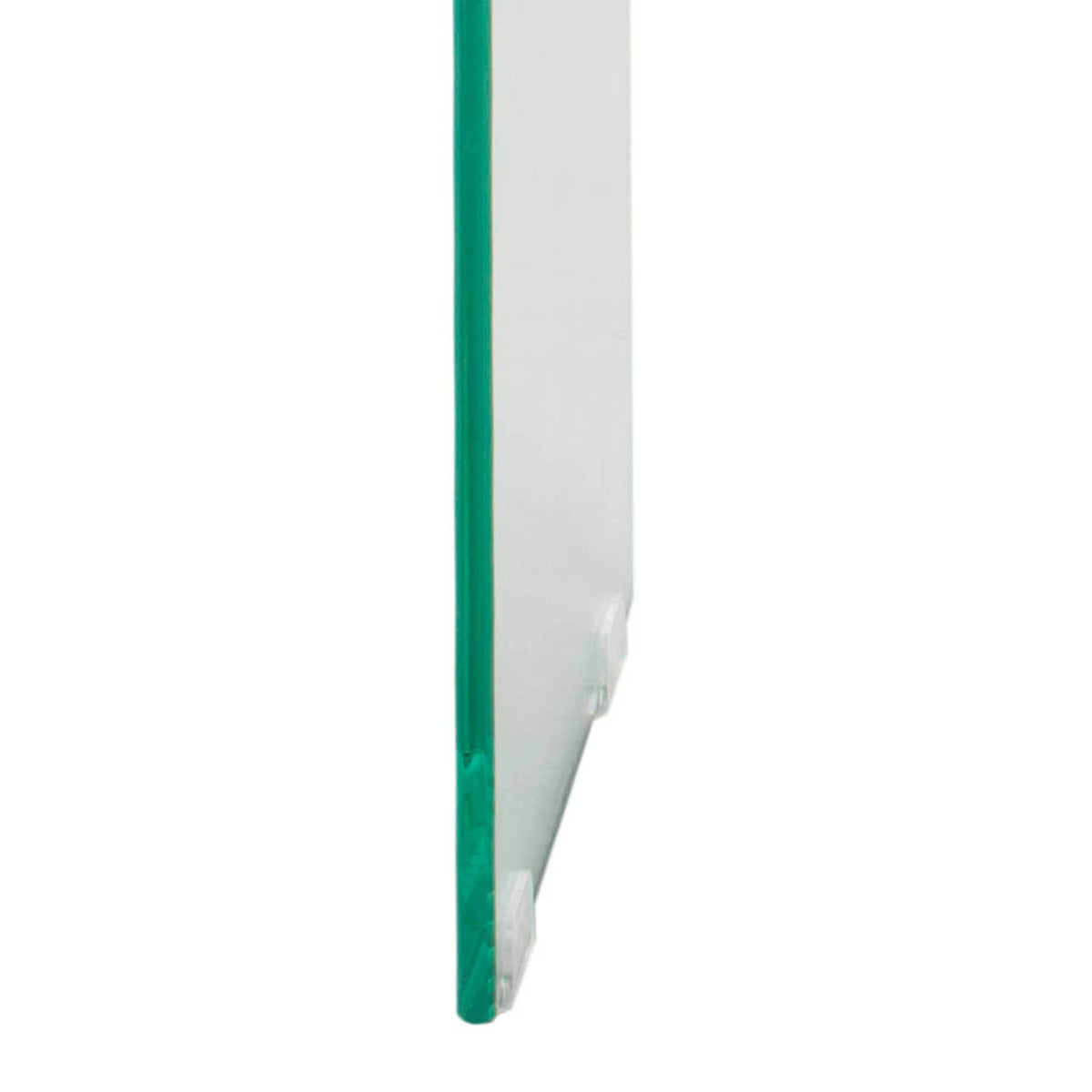 A clear glass panel leg shows its green-tinted edge and discreet foot pads.