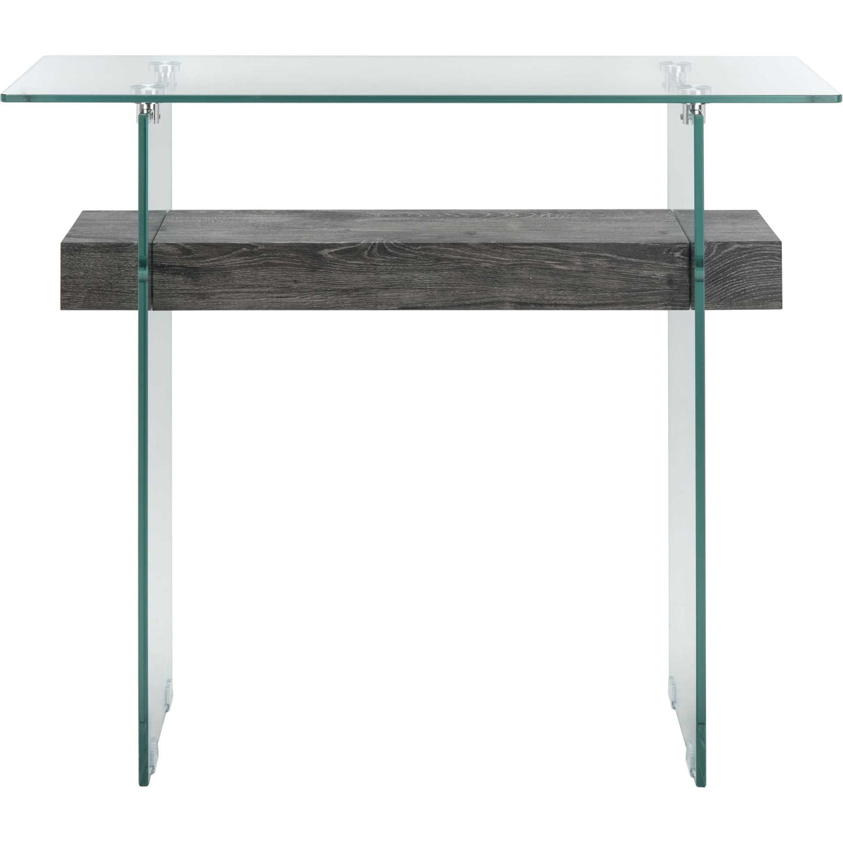 A minimalist glass console table pairs transparent panel legs with a deep charcoal shelf. || CNS7001B || front_studio