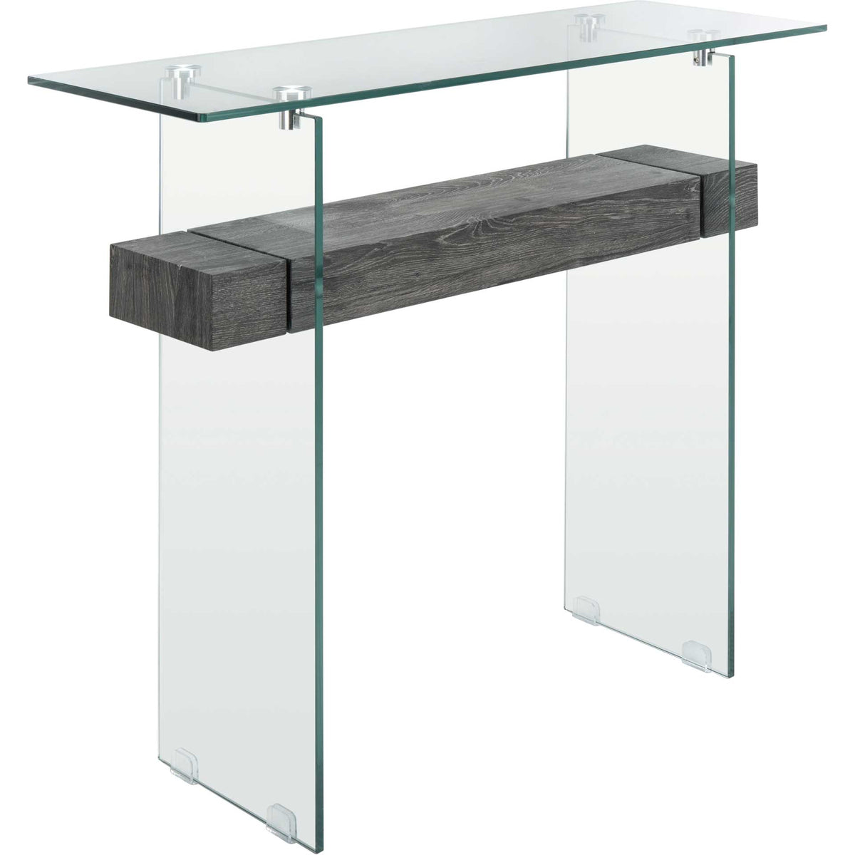 Dark oak-look grain offers rich contrast against a clear glass top and panel legs. || CNS7001B || front_angle_studio