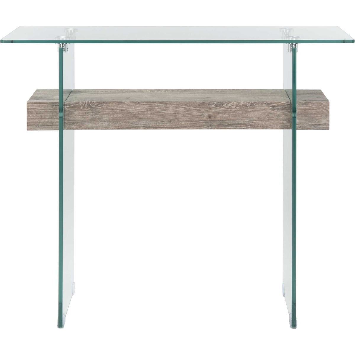 Clear glass panels frame a gray wood-grain shelf beneath a slim rectangular top. || CNS7001C || front_studio