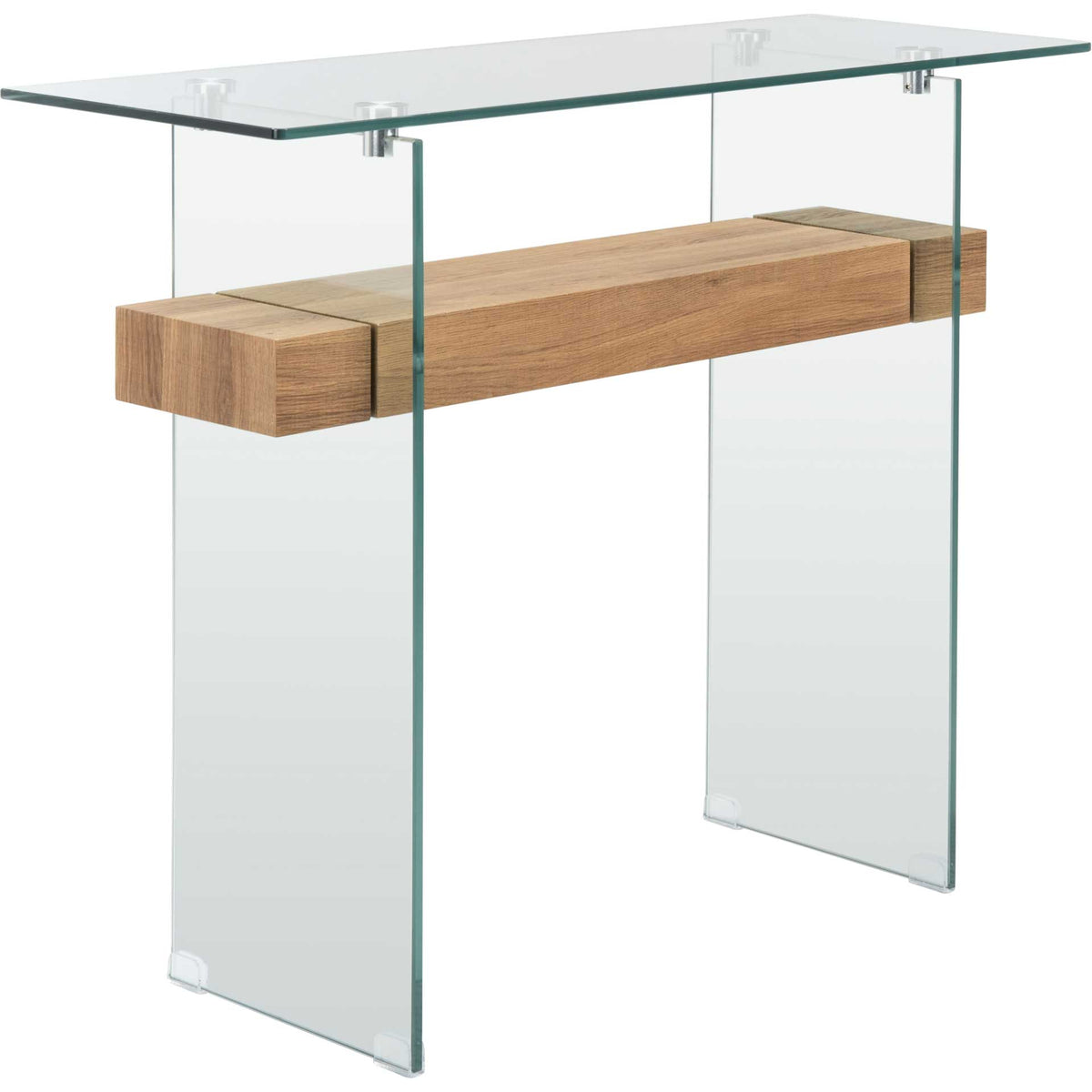 Natural brown wood grain warms up the crisp glass top and transparent panel legs. || CNS7001D || front_angle_studio