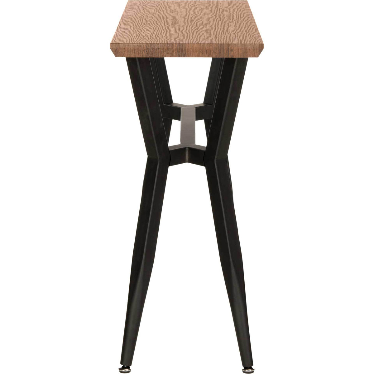 Splayed black metal legs meet at an angular brace beneath the narrow, oak-look top.