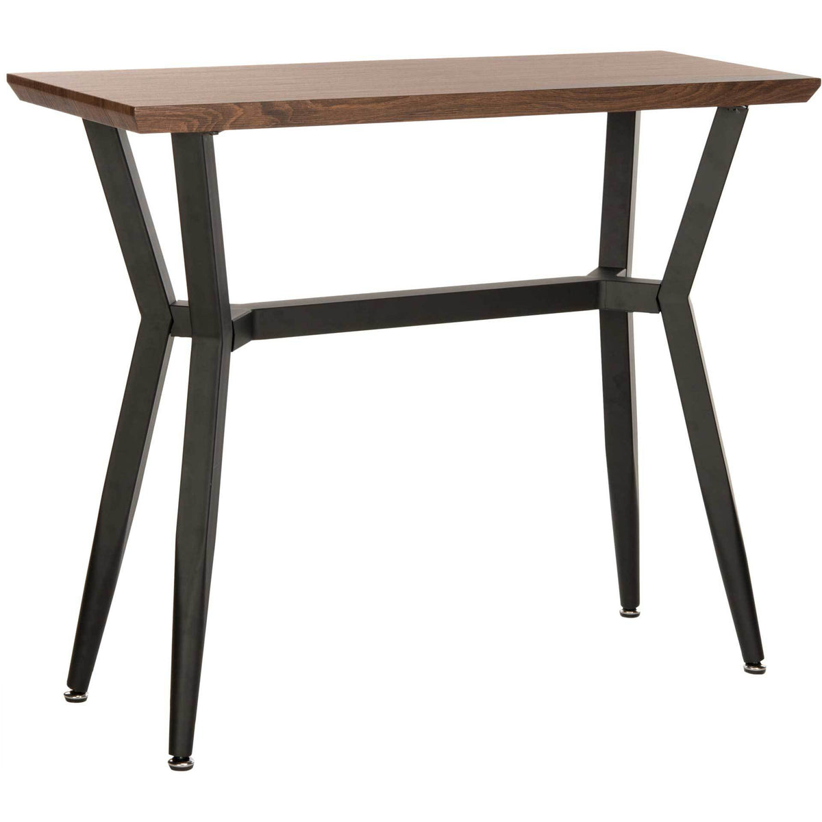 A rustic oak-finish top rests on a sculptural black metal base with angled legs. || CNS7002A || front_angle_studio