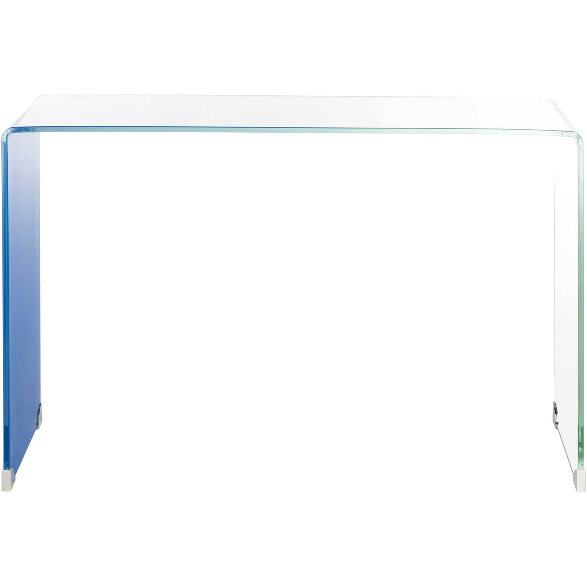Clear glass console table with a blue ombre side and sleek waterfall shape || CNS7300A || front_studio