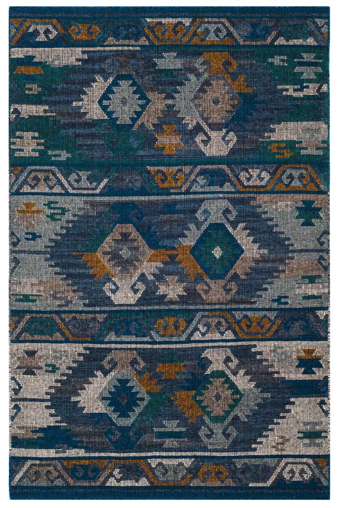 This blue and gold rug pairs stepped diamonds with intricate patterned borders.