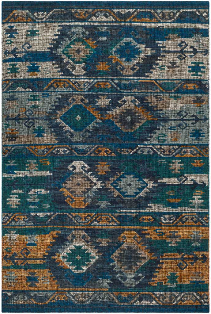Repeating diamond motifs and blue, teal, and gold bands lend this rug a bohemian feel.