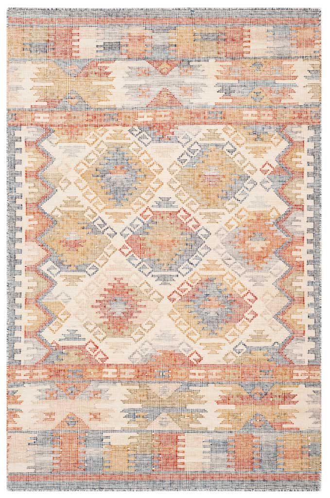 Handwoven ivory rug with a lattice of multicolor diamonds and richly patterned end bands