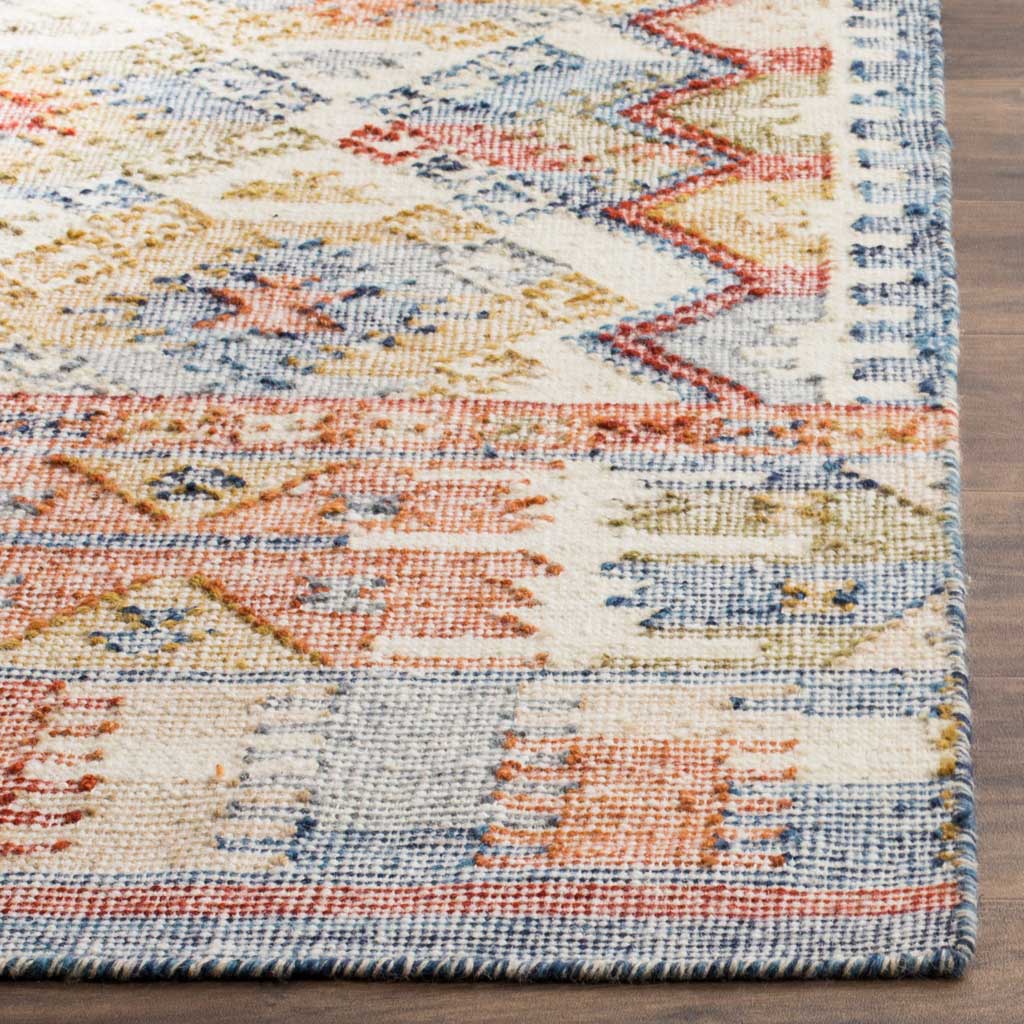 Low-profile wool-and-cotton weave with colorful motifs and a neatly bound edge