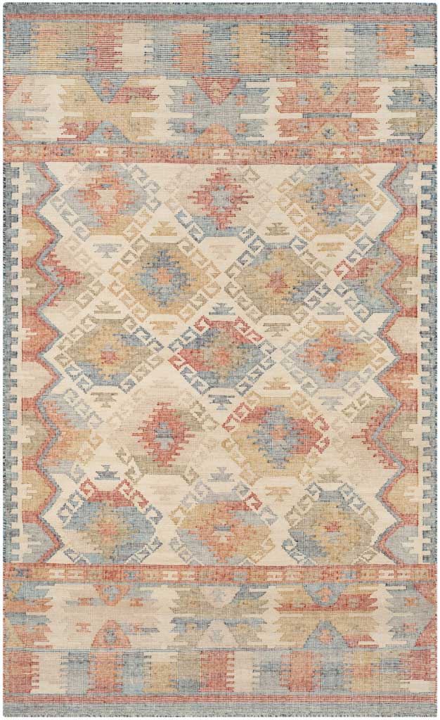Ivory rug with a central diamond design and softly faded rust, blue, and gold motifs