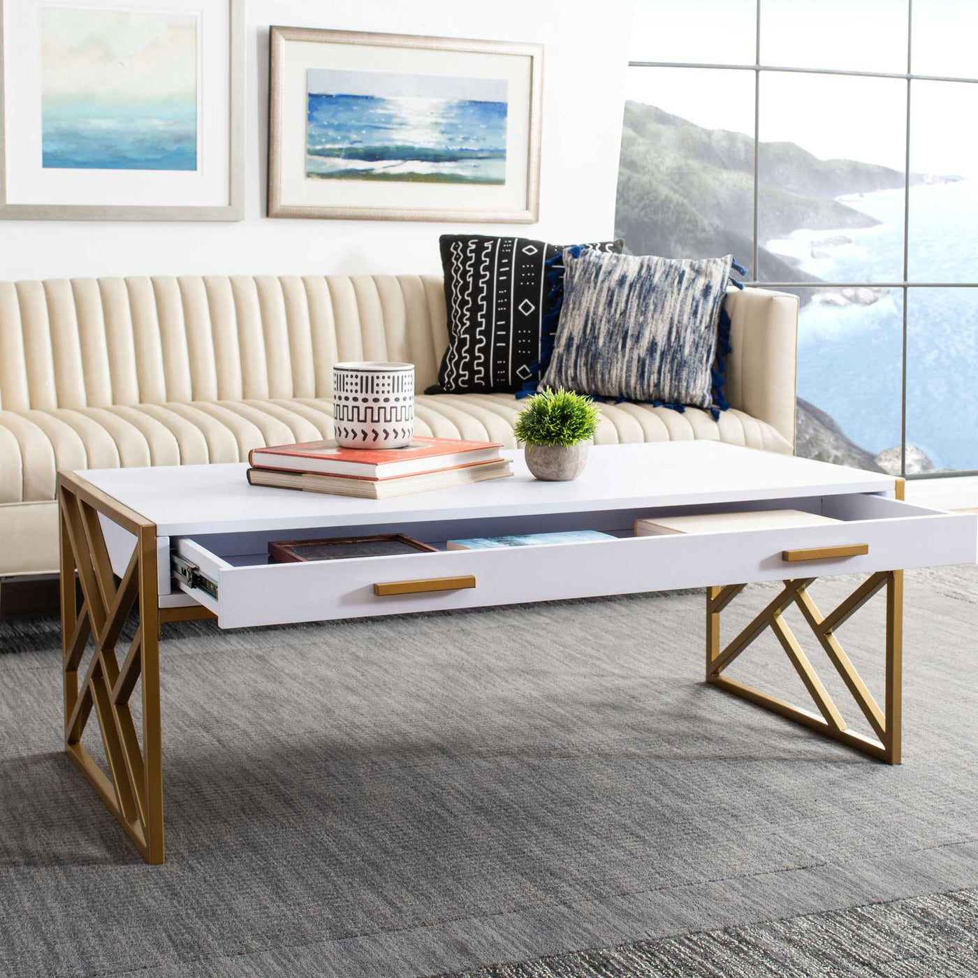 Elias 2 Drawer Coffee Table White/Gold - Froy.com