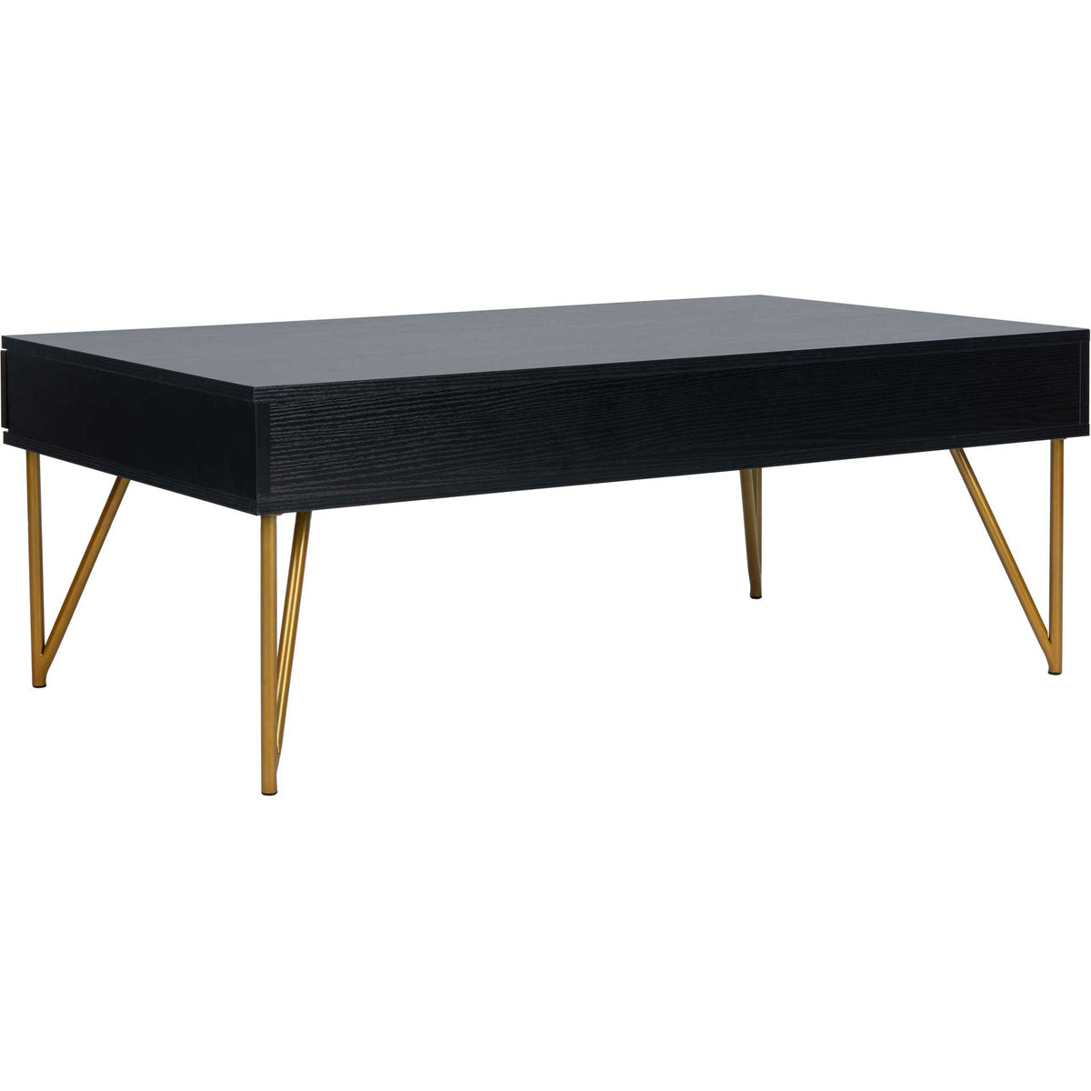 A textured black finish wraps the rectangular frame above striking gold hairpin legs.