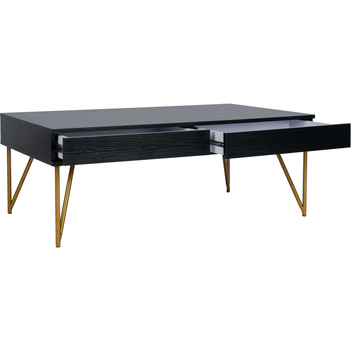 Two spacious drawers slide out from a sleek black frame supported by slim gold legs.