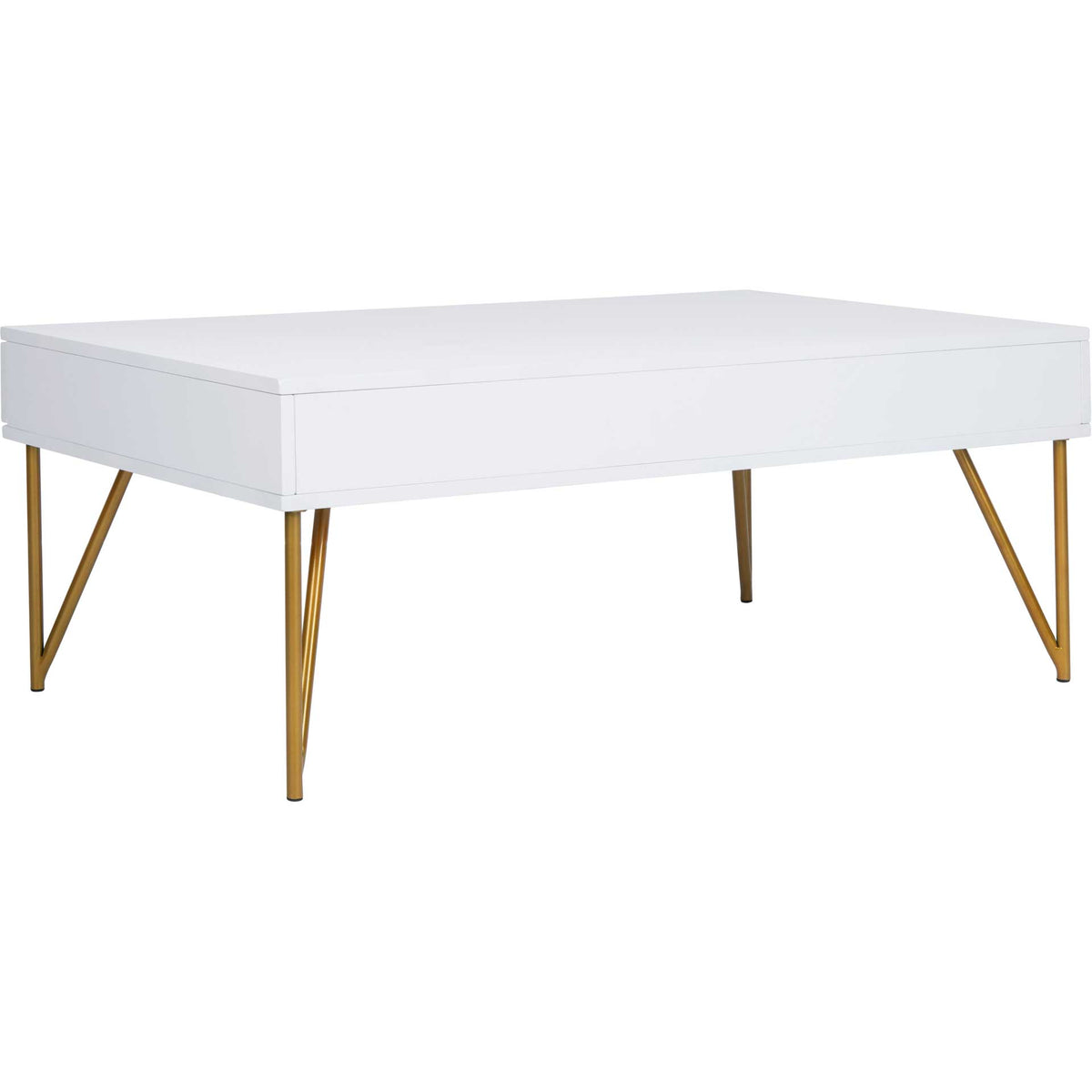 A slim white frame and airy gold hairpin legs create an elegant, minimalist silhouette.