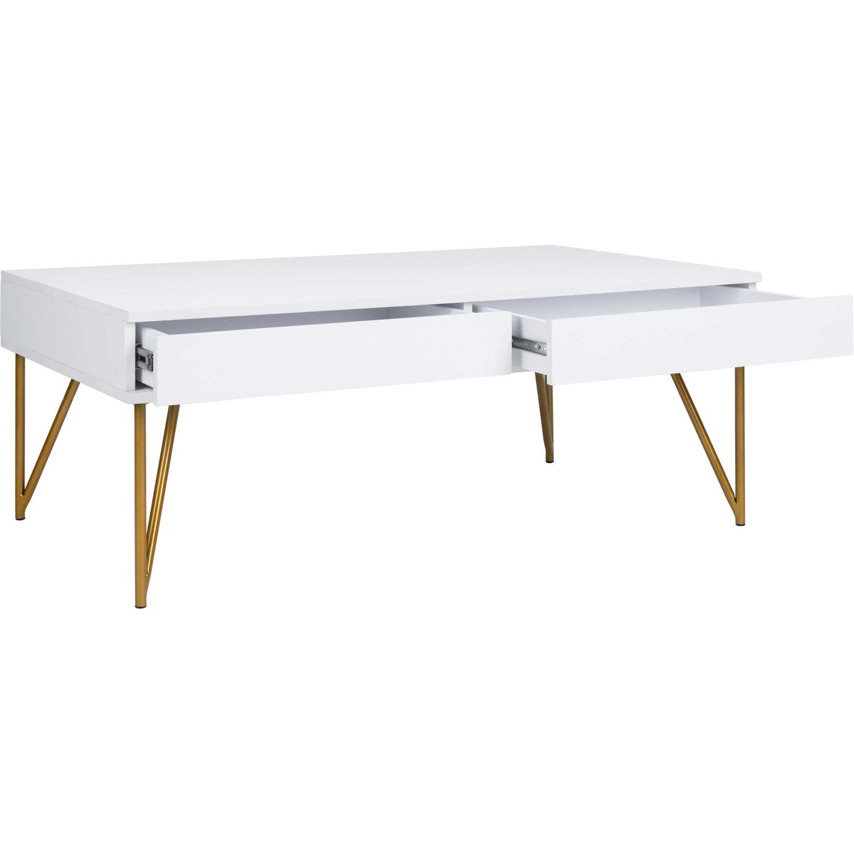 Two pullout drawers add easy-access storage beneath a smooth white tabletop.