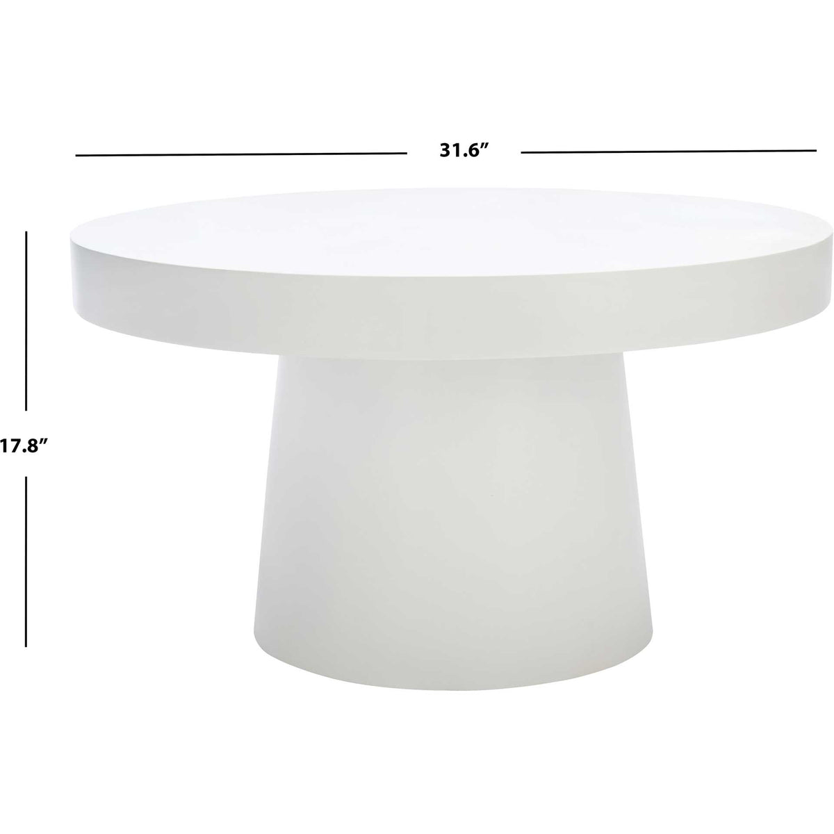 A round white coffee table measures 31.6 inches across and 17.8 inches high.