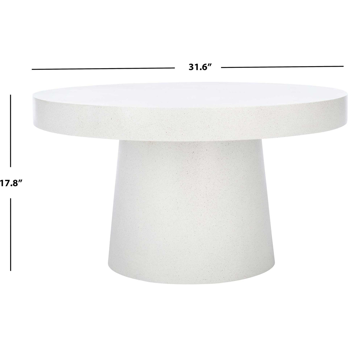 A speckled white coffee table measures 31.6 inches across and 17.8 inches high.