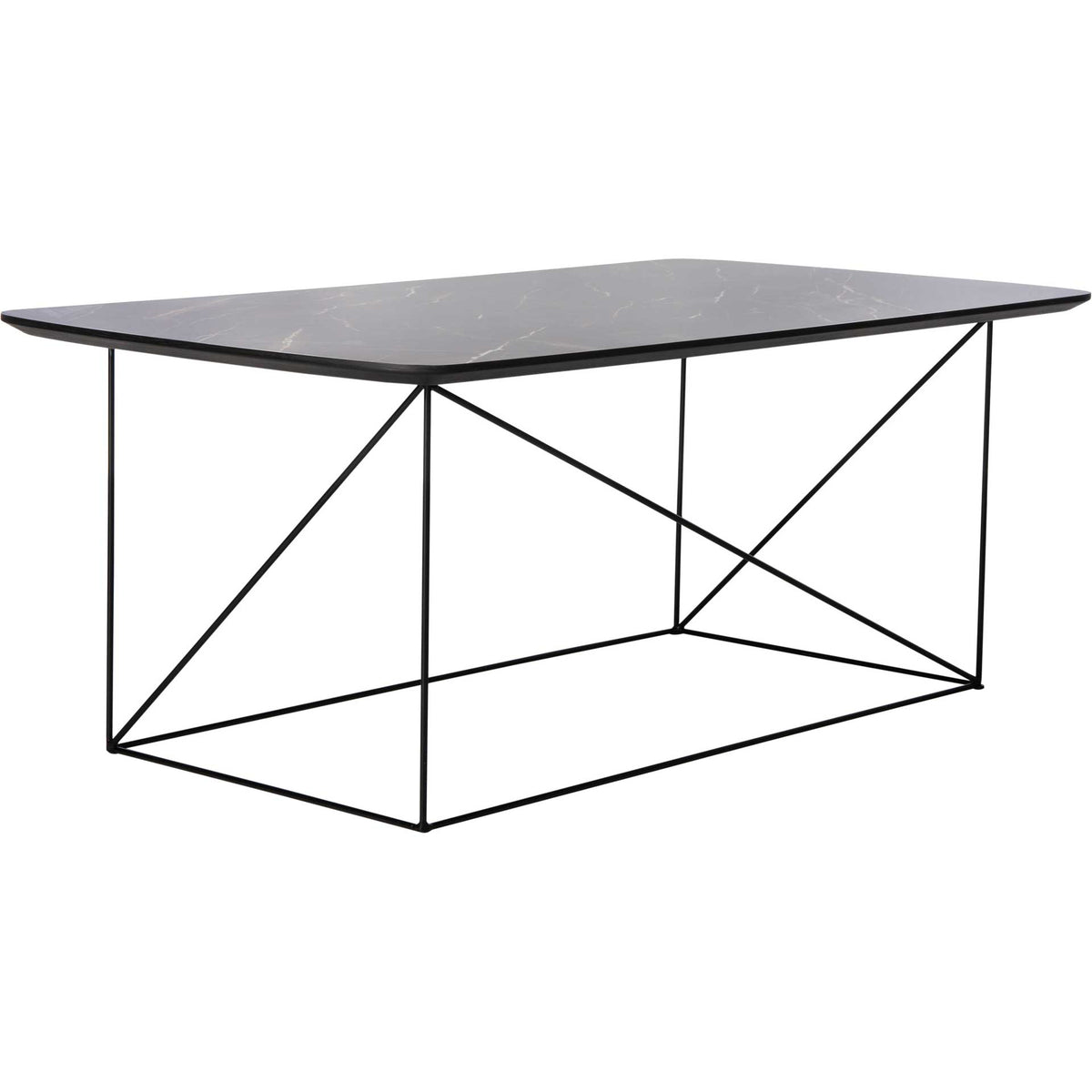 Dark, softly rounded tabletop with subtle gold veining floats above a geometric black iron frame. || COF4202B || front_angle_studio