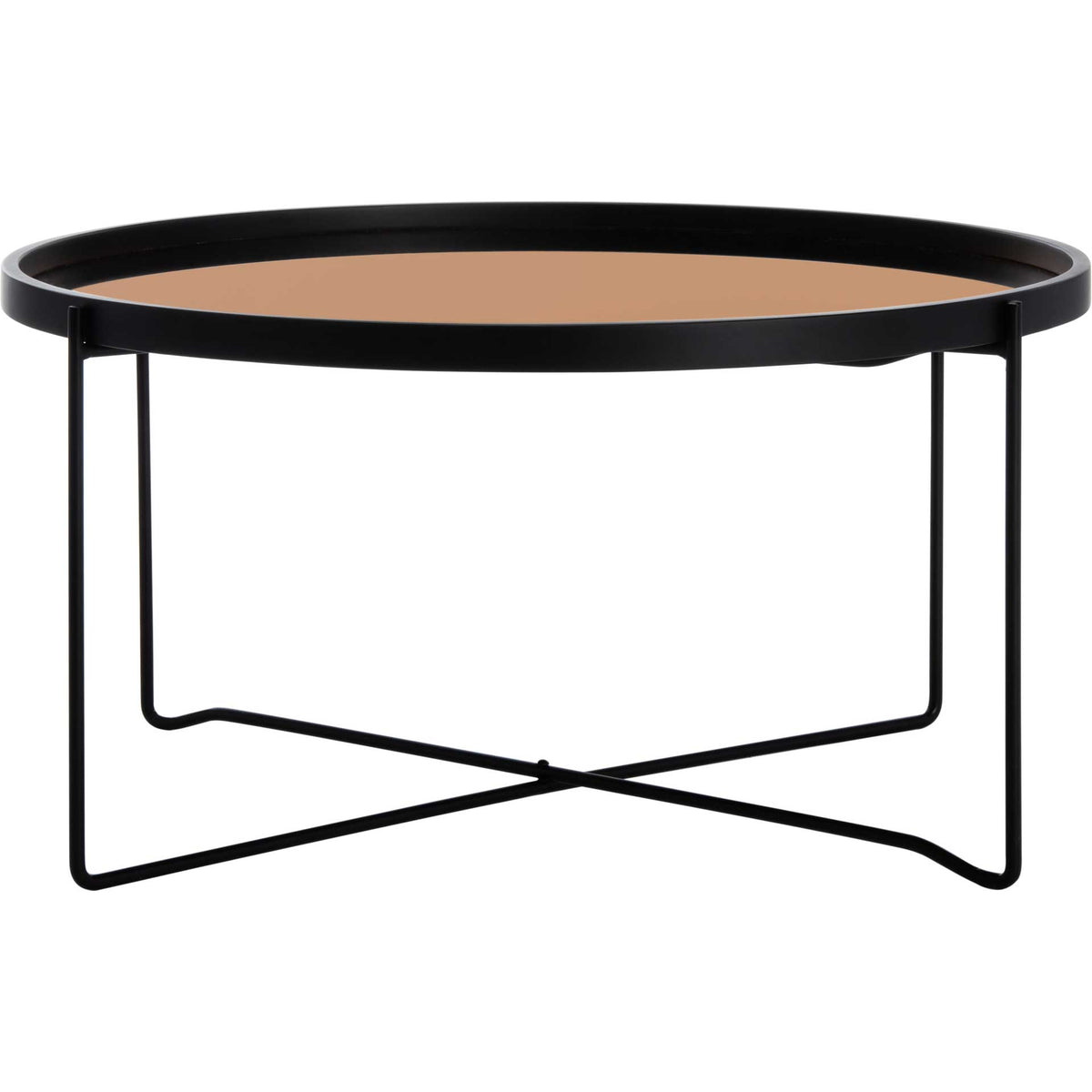 A black tray rim frames rose gold glass above a crisscross metal base || COF4205A || front_studio