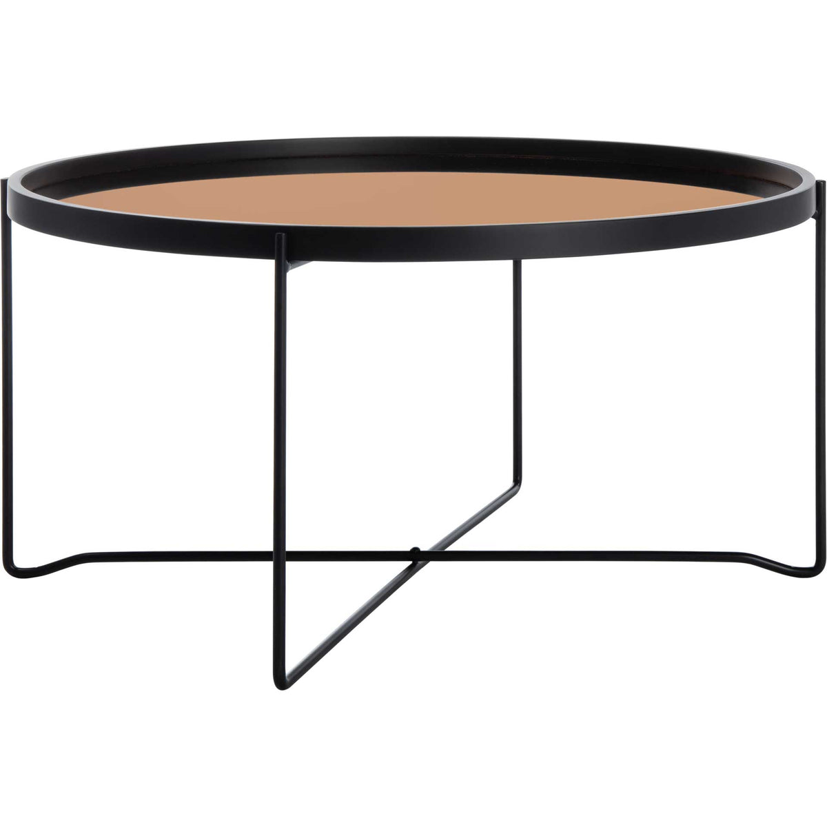 A rose gold glass tray top shines above slender black legs and angular metal bracing || COF4205A || side_studio