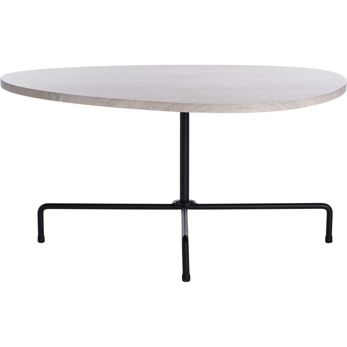 A broad light gray oak veneer tabletop rests on a sleek black iron tripod base. || COF4207C || front_studio