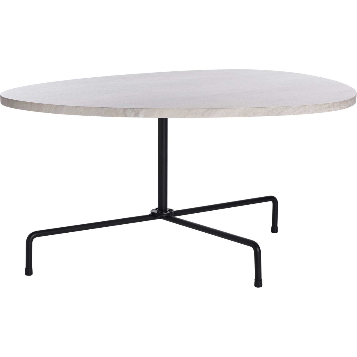 A sculpted light gray oak veneer top floats above slender black metal tripod legs. || COF4207C || front_angle_studio