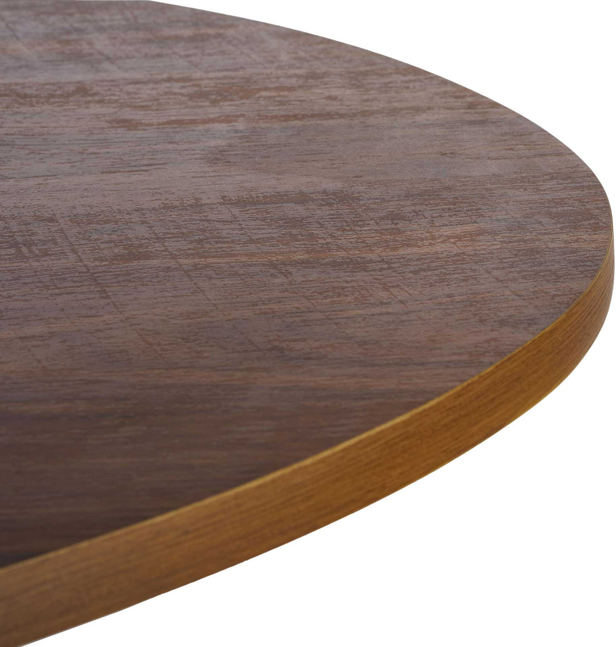 Rich walnut wood grain and a clean, curved edge lend character to the veneer tabletop.