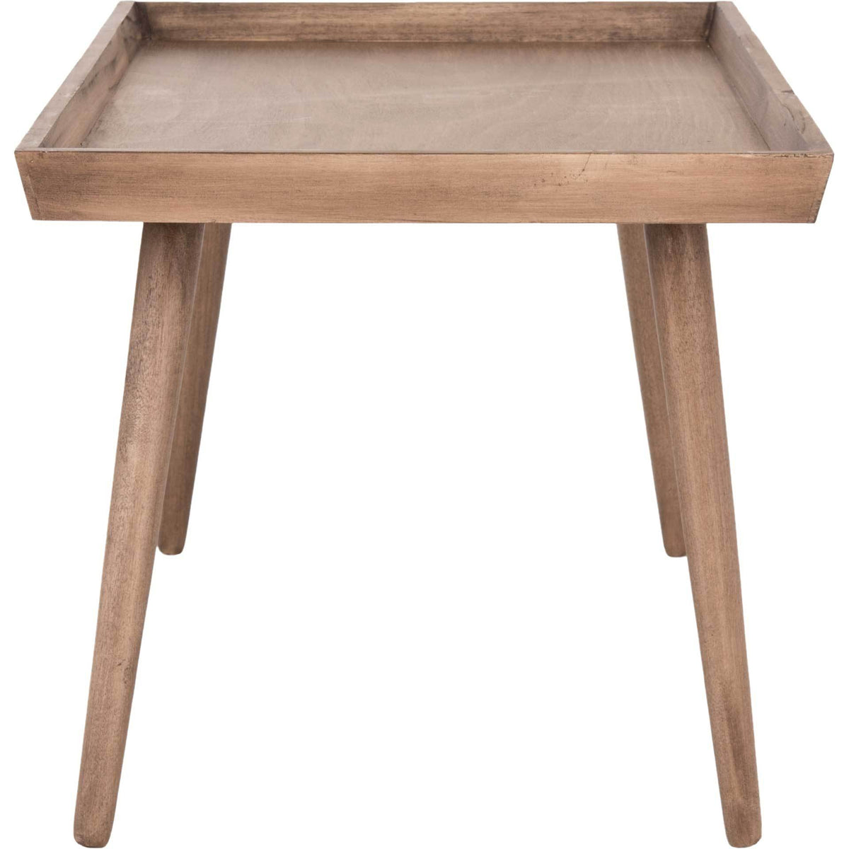 Raised tray edges border the light brown tabletop above slim wooden legs