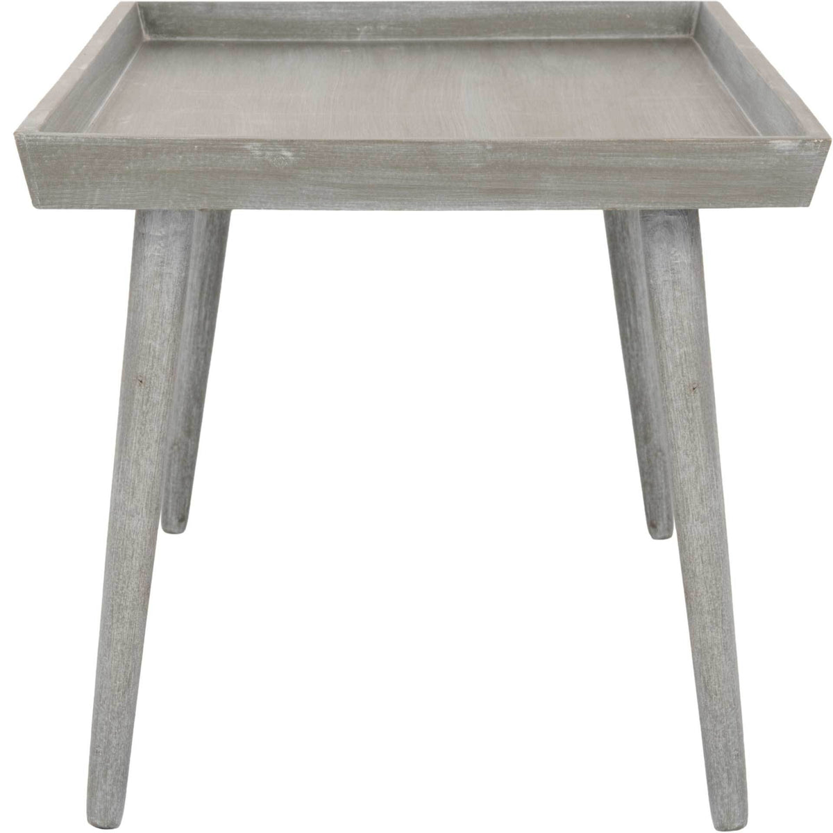 Raised tray edges surround the slate gray tabletop above slim, splayed legs
