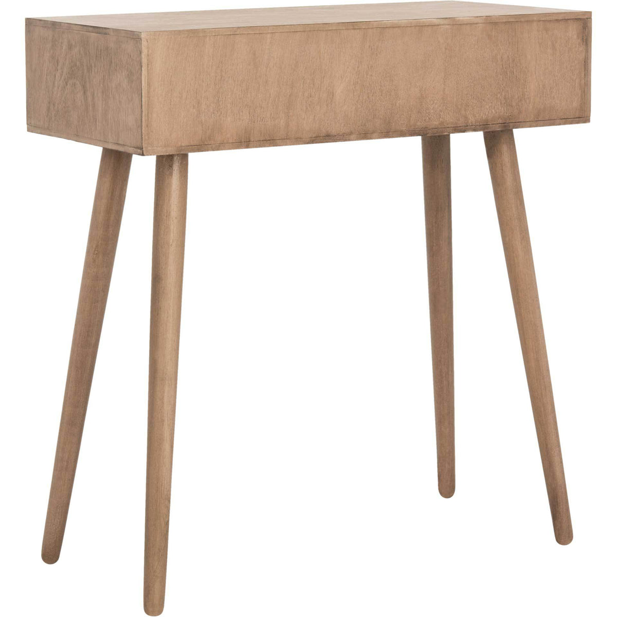 Warm brown wood grain brings texture to a smooth rear panel and narrow top above slim legs