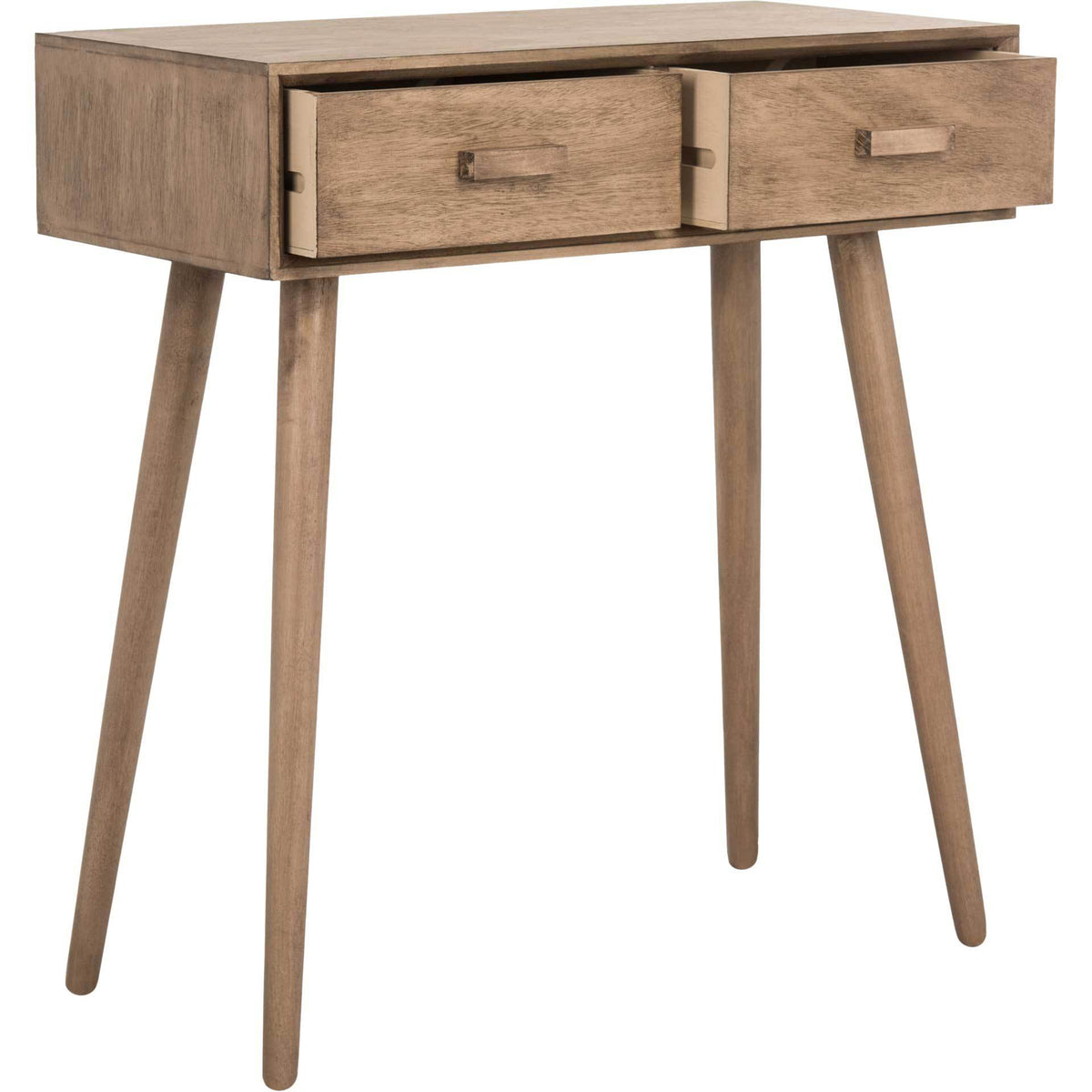 Partially open drawers reveal storage inside a light brown wood console with tapered legs