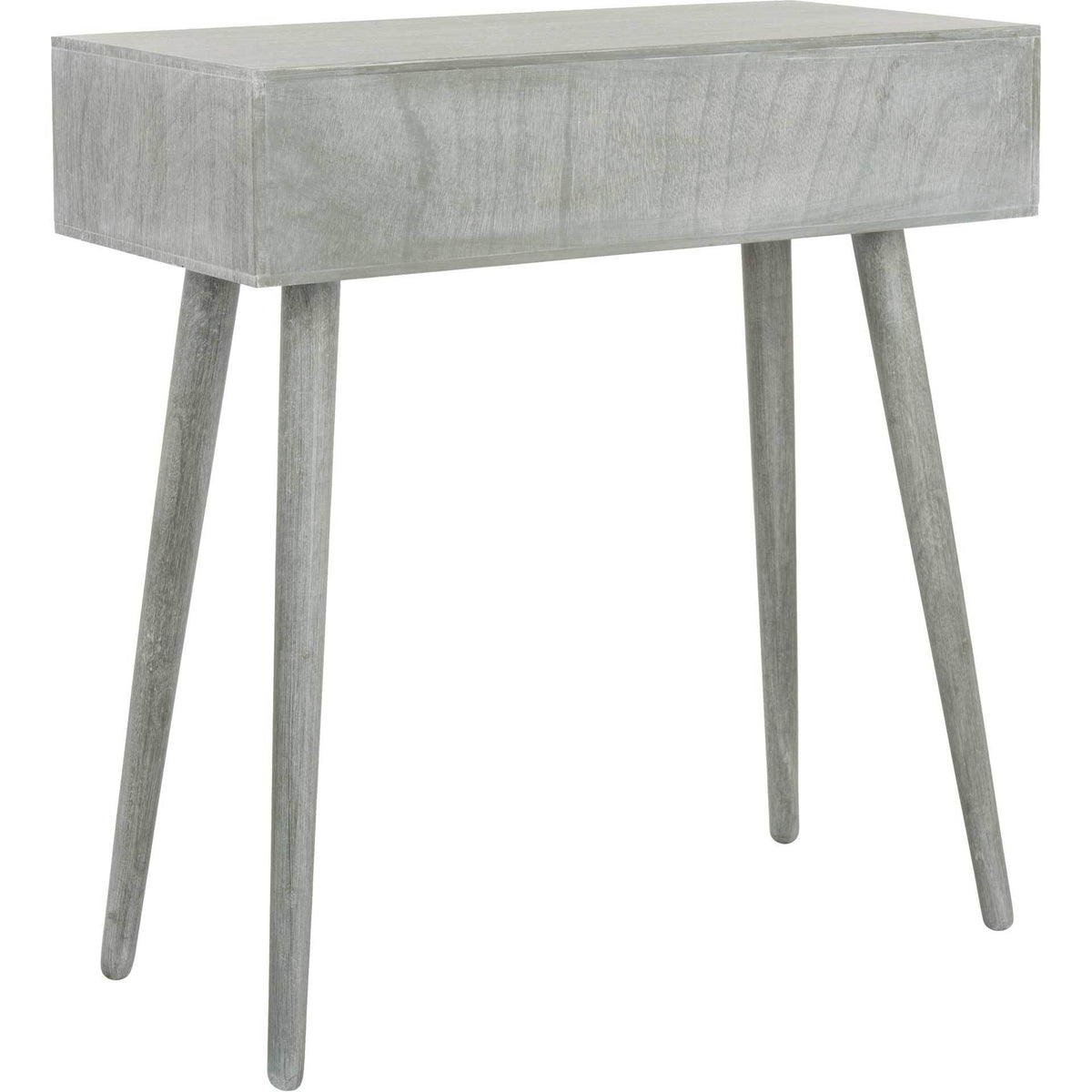 Textured gray wood grain softens the solid rear panel, flat top, and four tapered legs