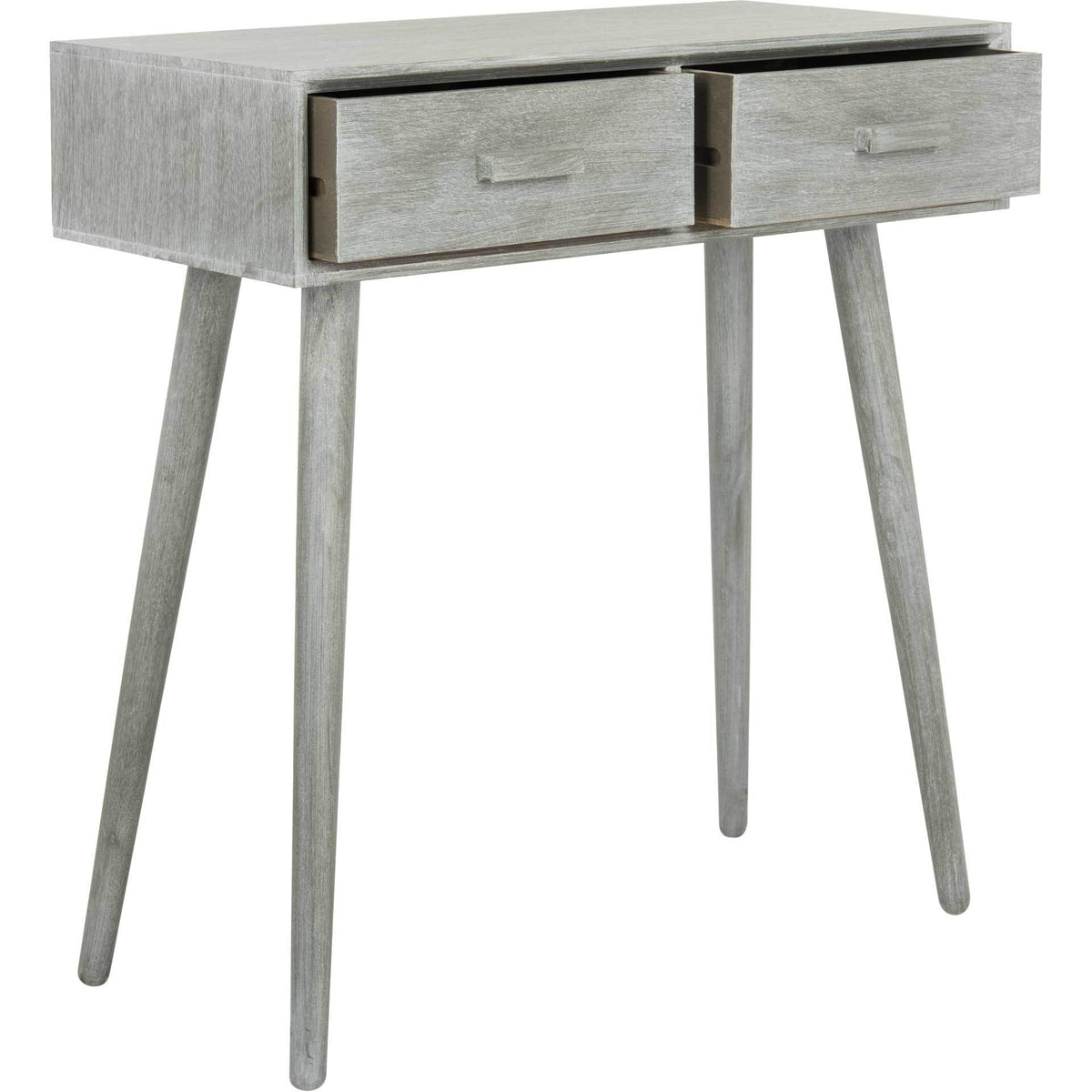 Two open drawers add accessible storage to a slim slate gray wood console with angled legs