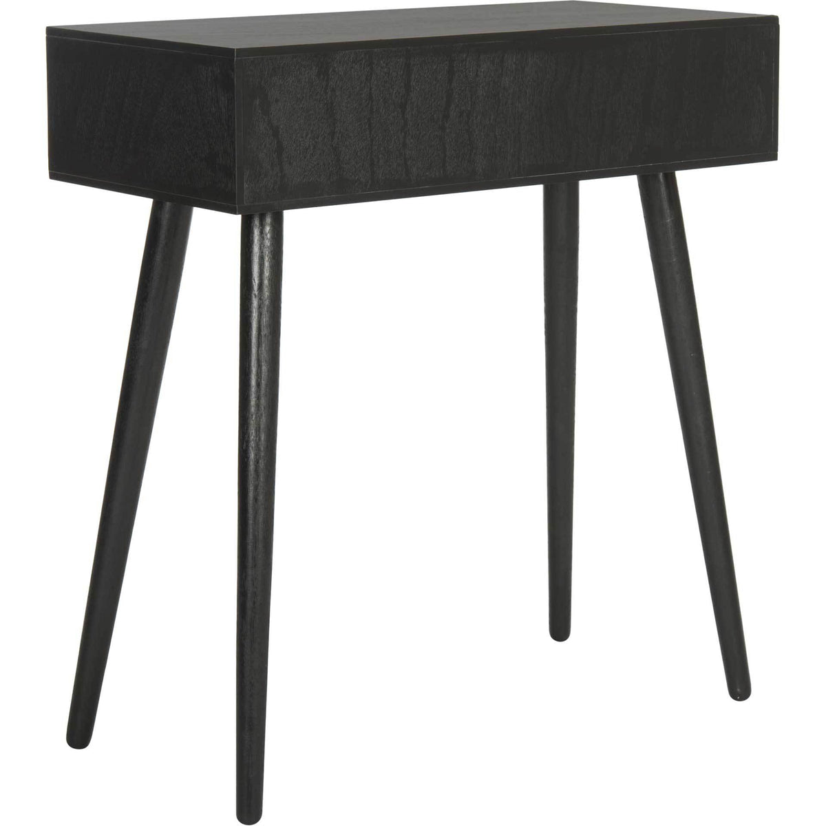Black wood console combines a clean rear panel and thin top with four tapered legs