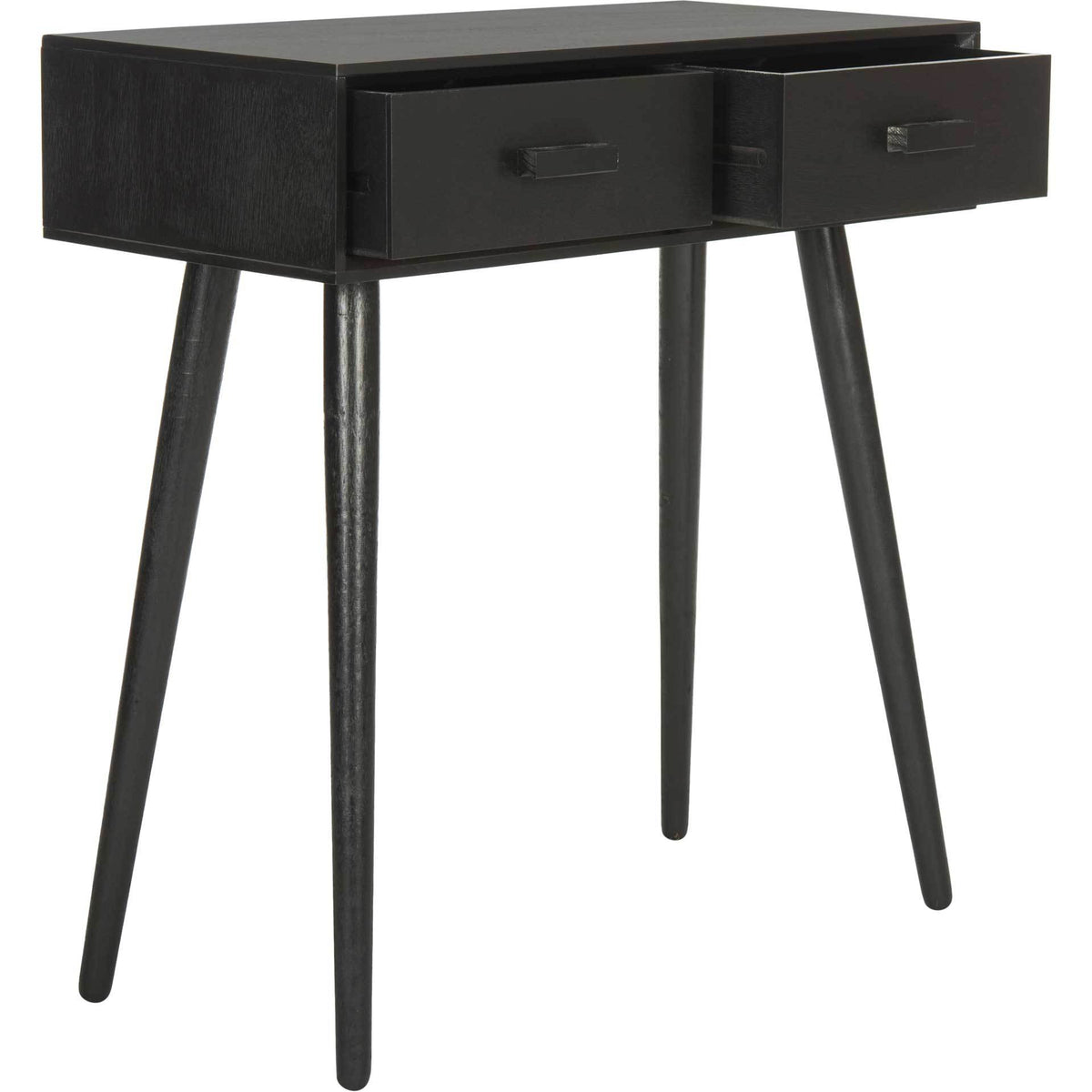 Two open drawers reveal storage in a black wood console with a slim rectangular top