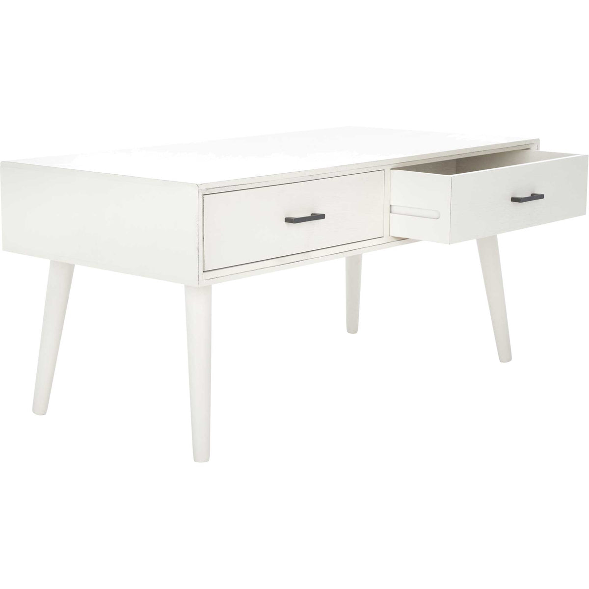 A white drawer opens to reveal discreet storage beneath the crisp tabletop.
