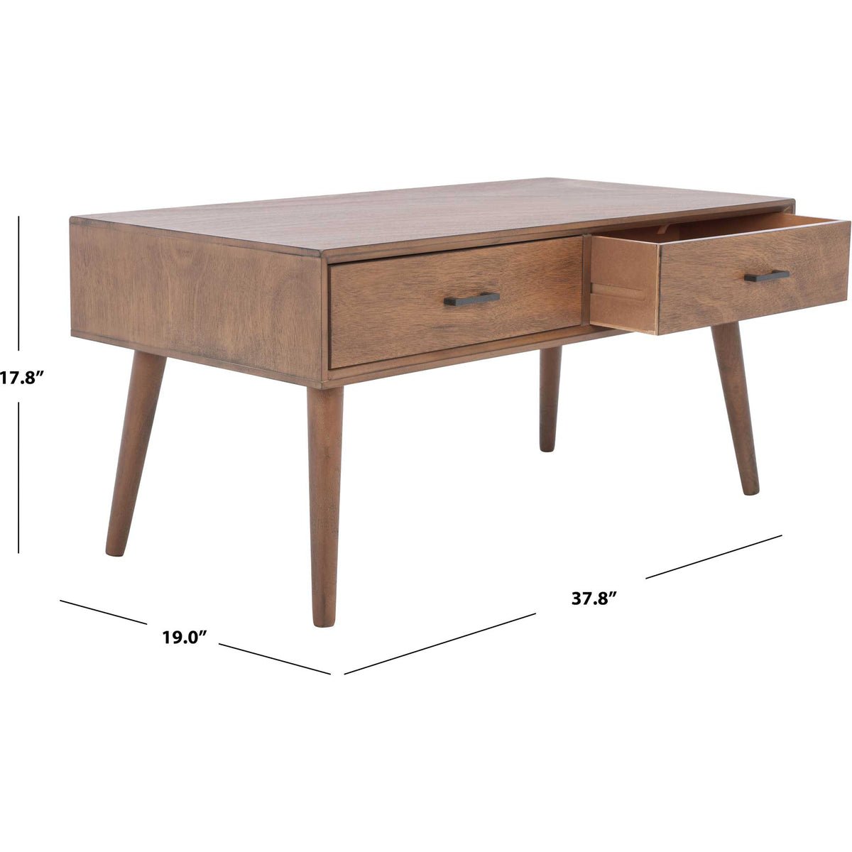 A 37.8-inch-wide top pairs with two drawers in a compact, 17.8-inch-high brown table.