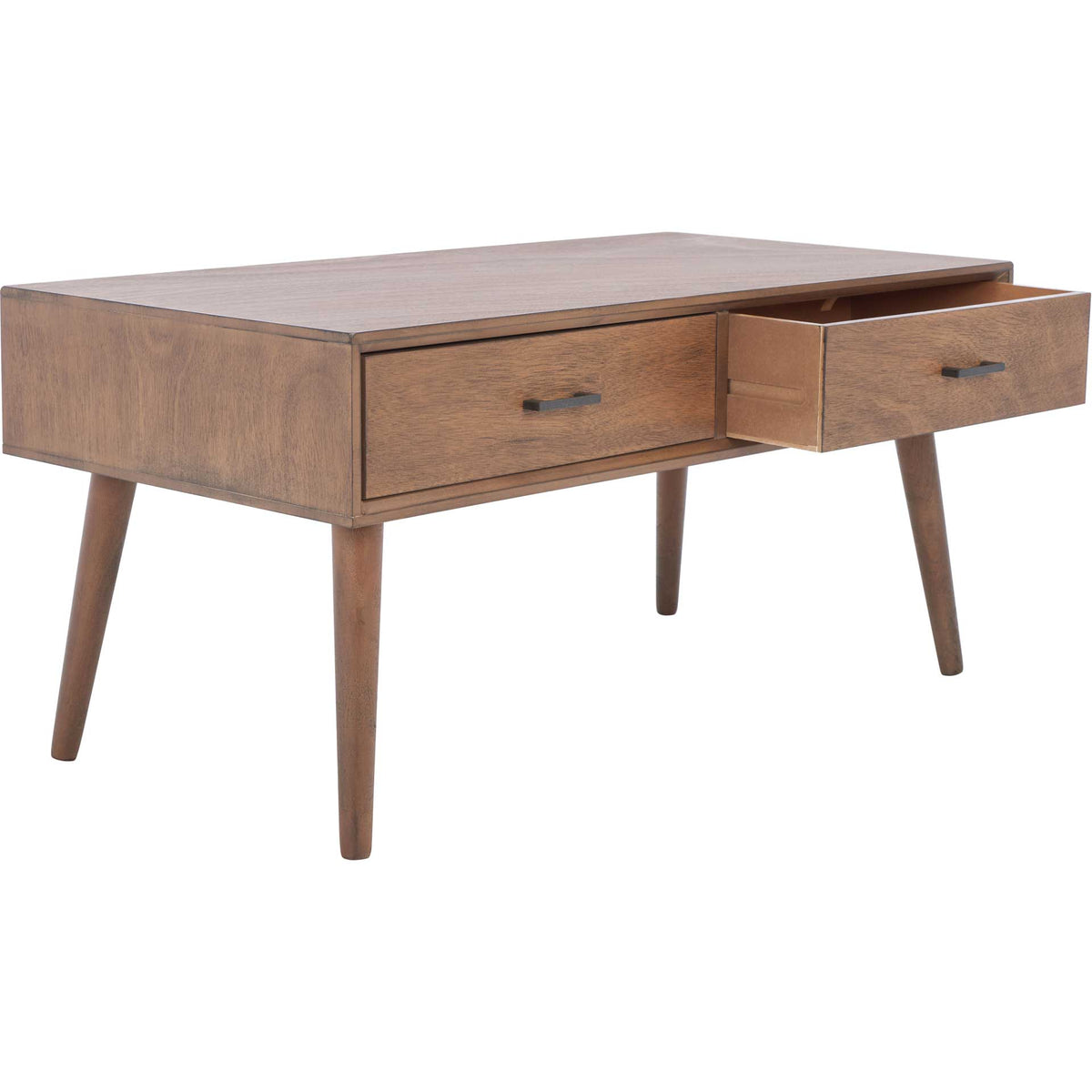 One drawer opens beneath the warm brown tabletop to reveal storage for everyday essentials.