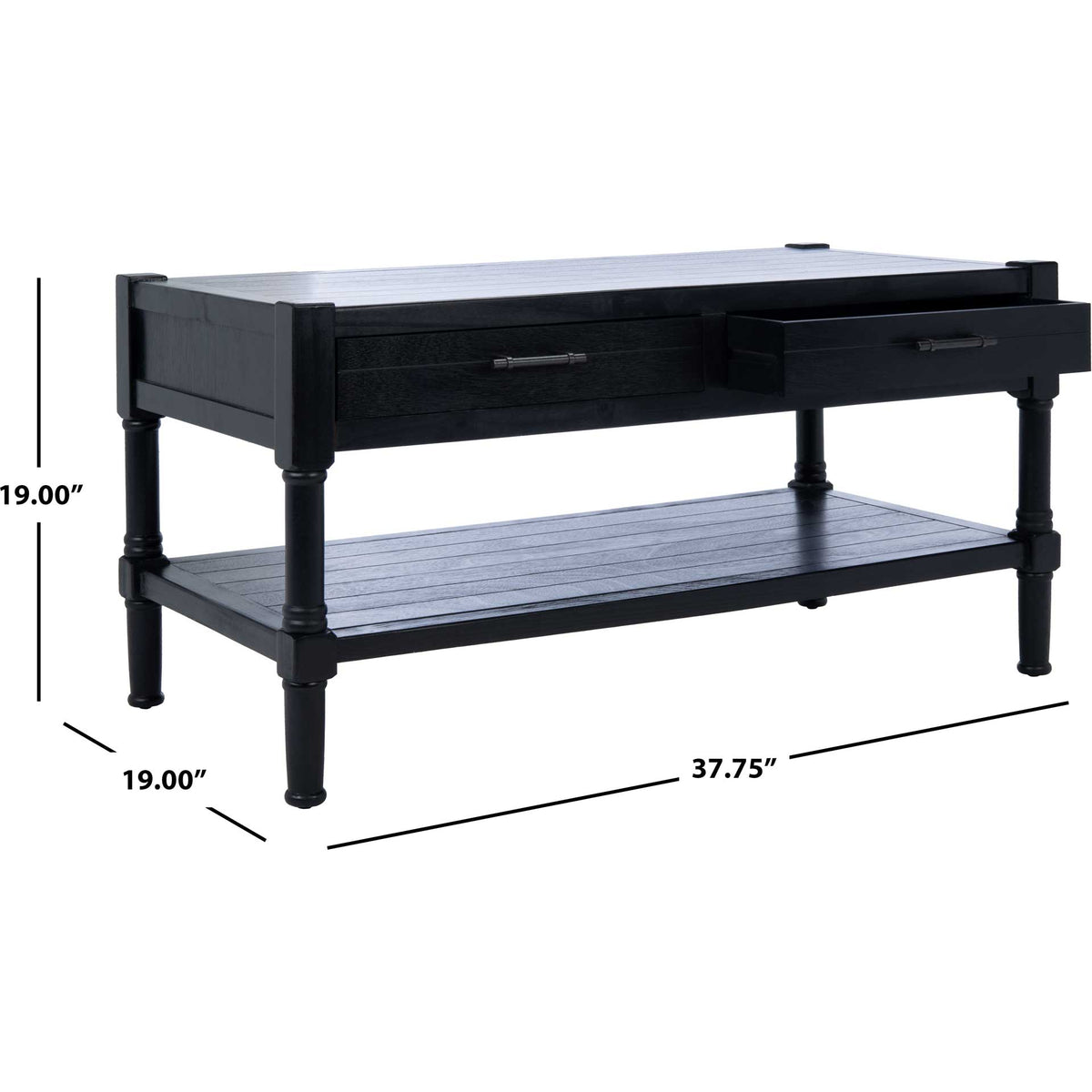 Black coffee table with two drawers measures 37.75 inches wide, 19 inches deep, and 19 inches high.