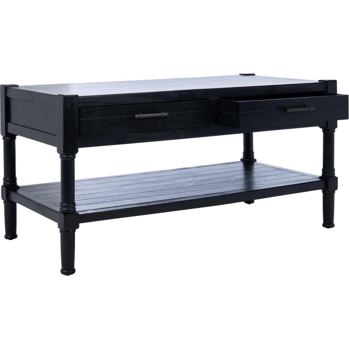 An open drawer provides handy storage above the black coffee table's wide lower shelf.