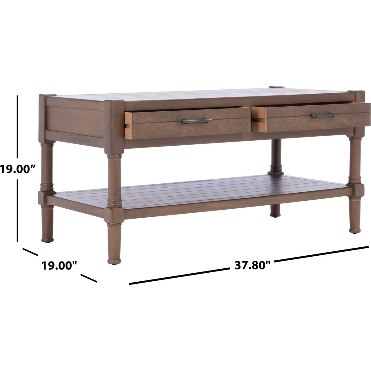 Brown coffee table with two drawers measures 37.8 inches wide, 19 inches deep, and 19 inches high.