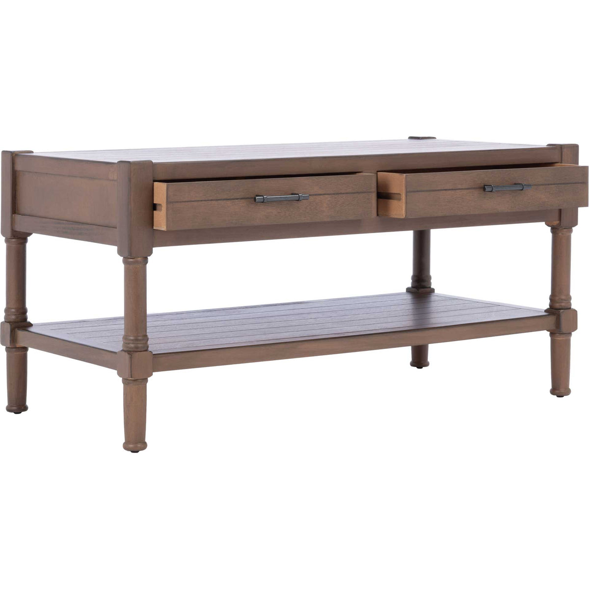 Partially open drawers reveal easy-access storage above the brown coffee table's broad lower shelf.