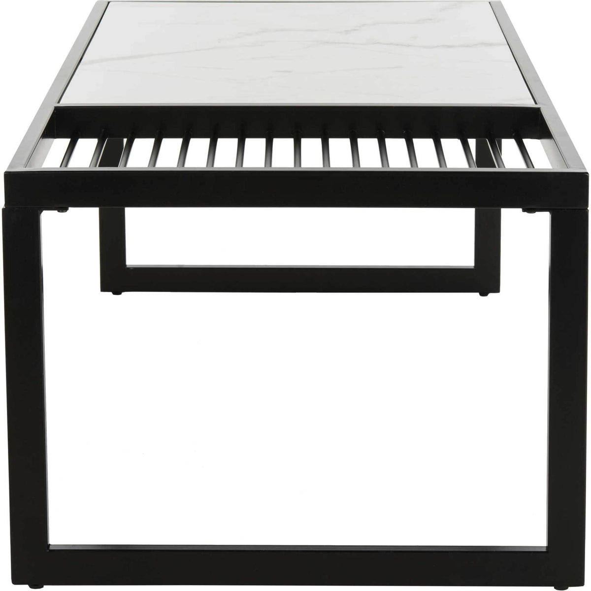An open rectangular metal leg supports the slatted accent beside the white marble-look top