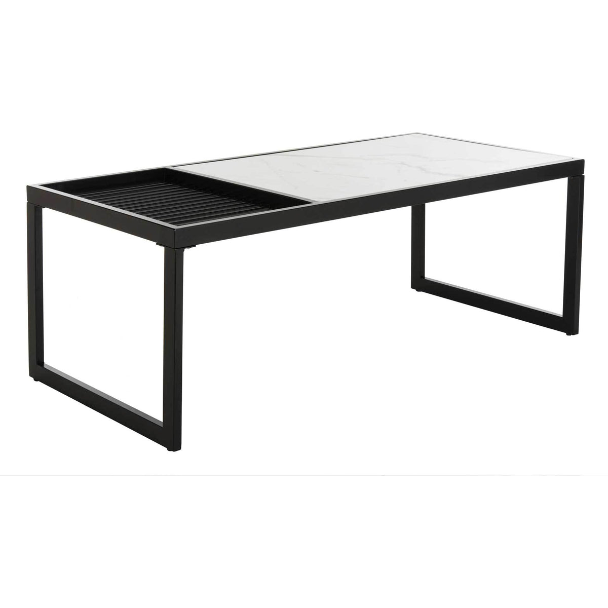 White marble-look and black slatted surfaces meet above airy, geometric metal supports