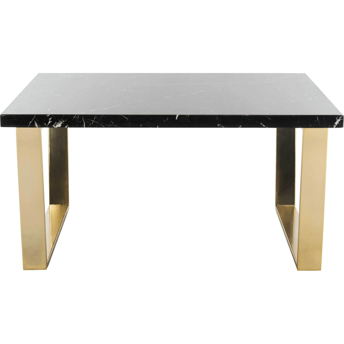 A square black marble-look tabletop rests on sleek brass-finished supports. || COF6201A || front_studio